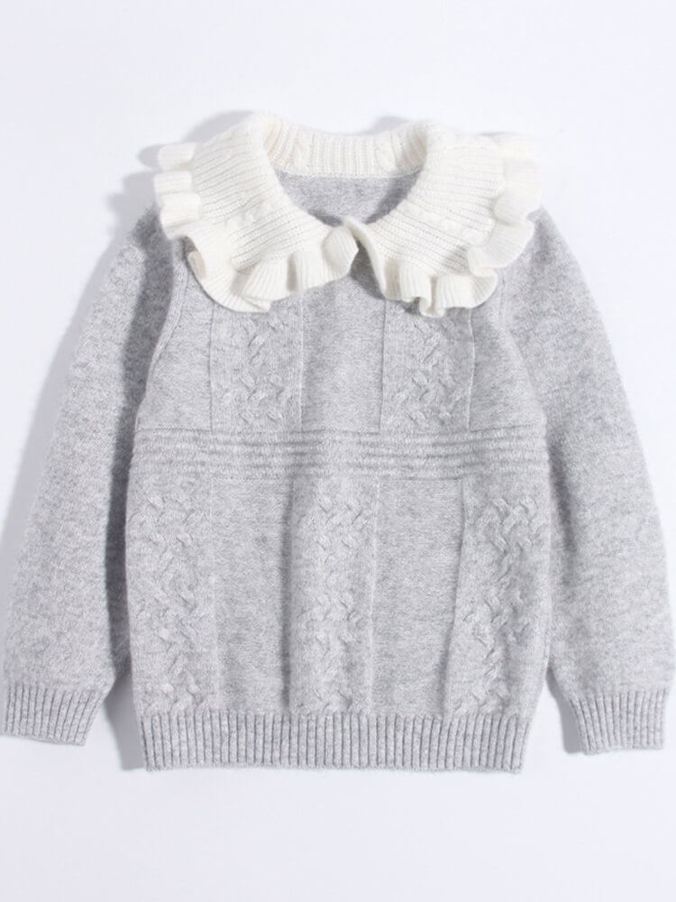 (image for) Girls Light Gray Cable Knit Cashmere Sweater with Ruffled Collar